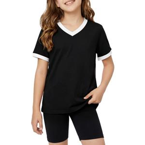 Poroka Girls Short Sleeve Shirt V-Neck Tee with Ribbed Trim Plain T-Shirts Soft Fashion Summer Tops for Girls, 7-14 Years (Black)