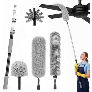 IDEATECH Cobweb Duster Kit with Extension Pole, 110-Inch Reach High Ceiling Fan Duster, Spider Web Brush with Telescoping Pole, Bendable Microfiber Duster for Wall Edges, Corners & Hard-to-Reach Areas