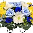 MUVIC Artificial Cemetery Flowers Saddle for Grave, Long-Lasting Bright Color, Graveyard Decoration-Rose Gerbera Daffodil, Cute Fake Butterfly Included, Blue/White
