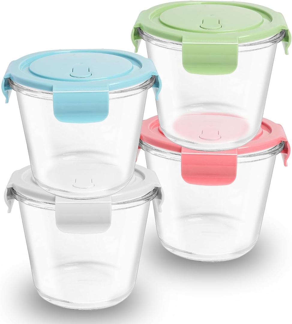 4 Pack Meal Prep Containers Reusable Glass with Airtight Lids, 3 Cup Round Glass Soup Containers with Lids, Leak-Proof Glass Containers for Food Storage Microwave, Dishwasher Freezer Safe (Multi)