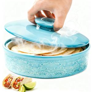 Ceramic Tortilla Warmer with Lid, 8.5 Inch Microwavable Pancake Holder, Aqua Taco Keeper Server Box, Food Storage Container for Mexican Party, Taco Tuesday Night, Dishwasher Oven Safe