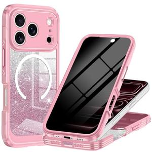 Casetego for iPhone 17 Pro Max Case Magnetic,Compatible with MagSafe,Built-in Privacy Screen Protector,Slim Glitter Sparkle Full Shockproof Protective Girls Case for Apple iPhone 17 Pro Max,All Pink