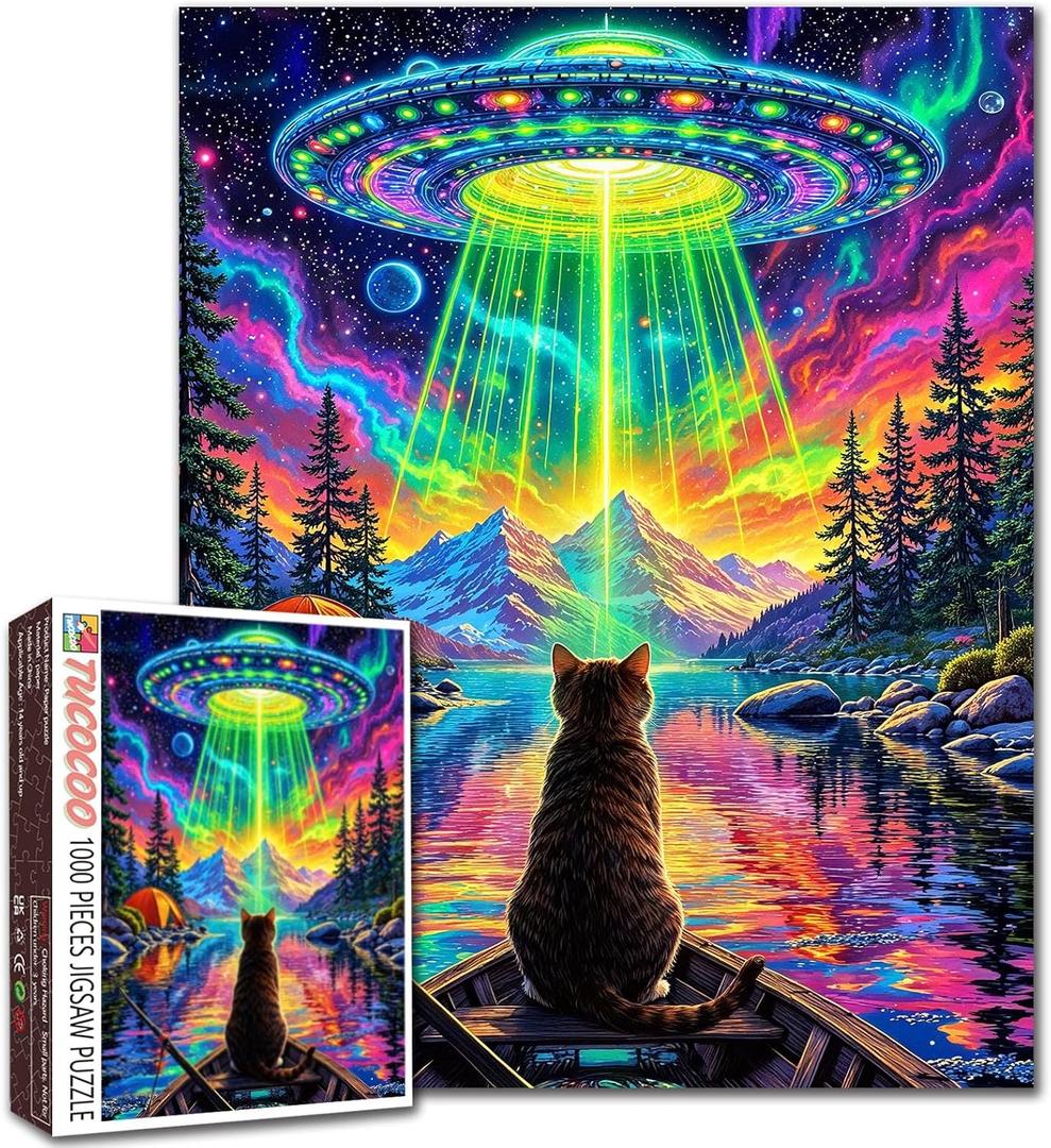 1000 Piece Jigsaw Puzzles for Adults Cute Cat in Boat Painting Jigsaw Puzzle Alien Spaceship,UFO 1000 Pieces Puzzles The Rocky Mountain DIY Craft Puzzle Cultural Family challenging Gift Bedroom Decor