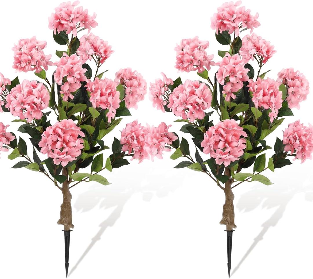 Lunmon 2 Pack Artificial Hydrangea Trees with Spikes, 24Inch Faux Hydrangea Outdoor Plants Bushes Realistic Fake Silk Flower for Planter Home Wedding Garden Patio Yard Decor(Pink)
