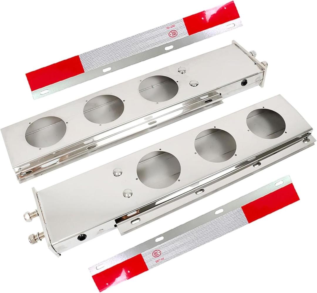 30in Length Stainless Steel Straight Spring Loaded Mud Flap Hanger Bracket Mudflap Holder Set 2.5in Bolt Spacing with Aluminum Reflective Tapes and Light Cutouts fit for Semi Trucks (Round Cutout)