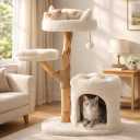 Real Wood Modern Cat Tower, Climbing Tower Cats Tree with Scratching Post and Ball, Cat Furniture with Flower Bed for 37.5" Tall, Branch Luxury Condo for Indoor Wood Cats Large Adult Tree, Warm White