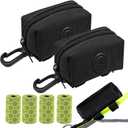 (2 Pack) Dog Poop Bag Holder, Poop Bag Holders for Leashes, CAKOVANO Doggie Waste Bag Dispenser Small Doggy Poop Bag Zipper Pouch with Carabiner Clip with 80 Pet Trash Bags, Black