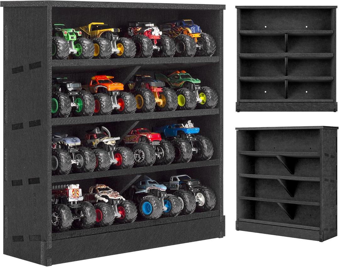 Felt Monster Trucks Display Case, Wall-Mounted 16 Slot Storage Case, Groove Fixation Container Holder (Black - New Version)