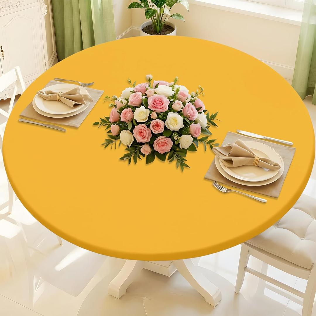 Round Spandex Tablecloth, Elastic Fitted Waterproof Tablecloths for 36"-44" Tables, Stretch Washable Picnic Table Cover for Camping, Dining, Indoor and Outdoor, Mustard Yellow