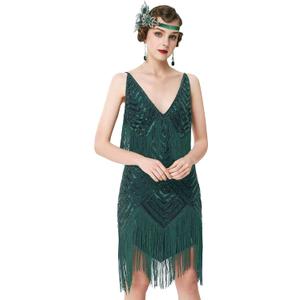 BABEYOND Women's 1920s Flapper Dress V Neck Slip Dress Roaring 20s Great Gatsby Dress for Party (3X-Large, Dark Green)