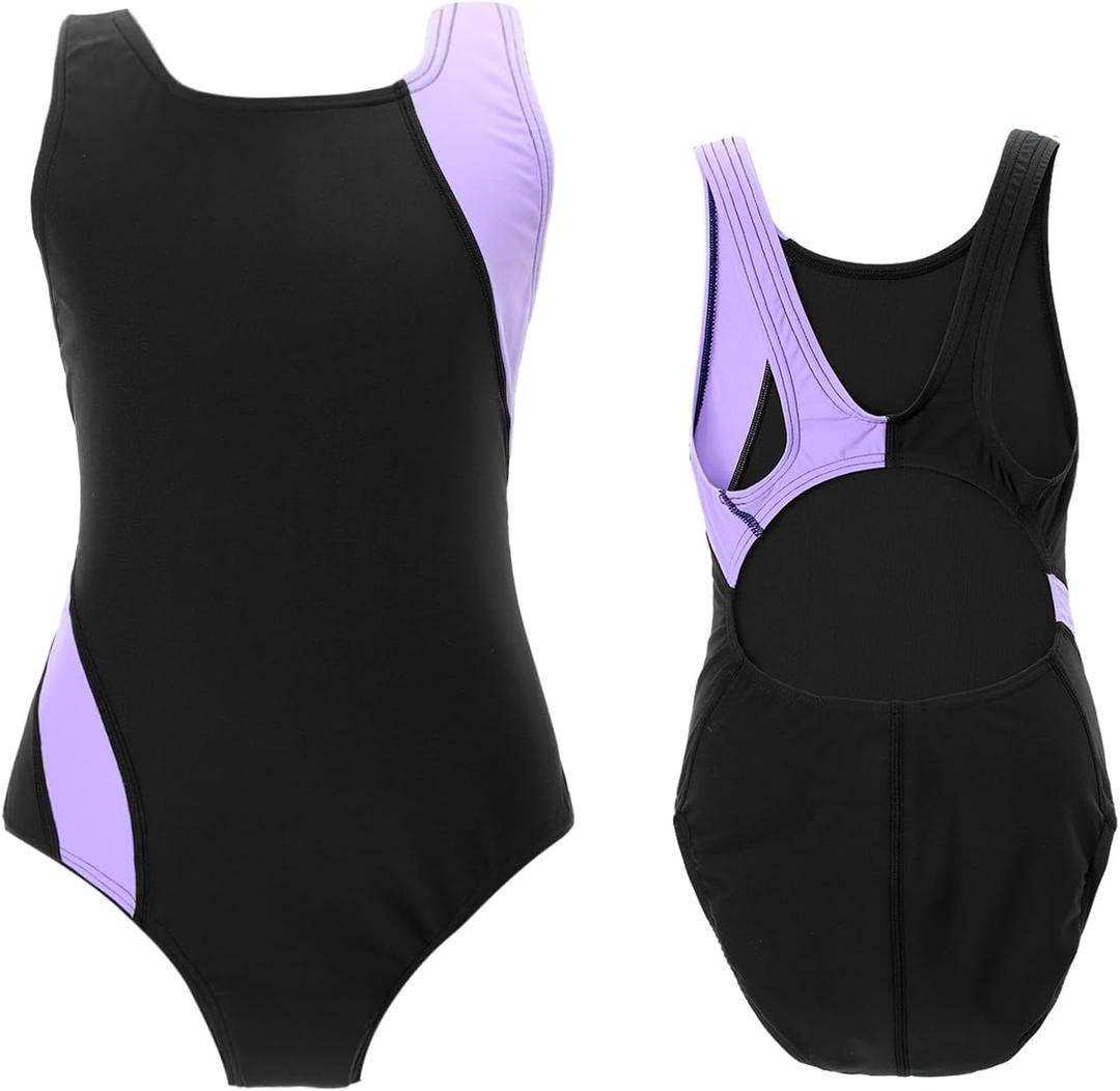 Kids Girls Athletic Swimsuit One Piece Solid Swimwear for Practice and Competition in Black and Navy Bathing Suit (6-7 Years)