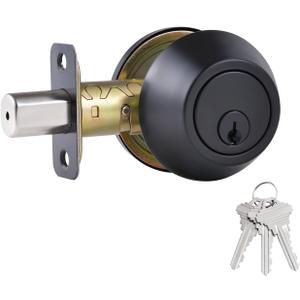 1 Side Keyed Deadbolt Lock, Single Cylinder Dead Bolt, Matte Black Round Exterior Keyed Front Entry Inside Door Deadbolt