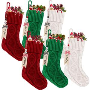 6 Sets of Christmas Stockings, 18" Stranded Knit Hanging Stockings + Black & Red Snowman Name Tag, for Family Holiday Parties, Xmas, Mantle Decorations, Festival Decoration (Red, Green, White)