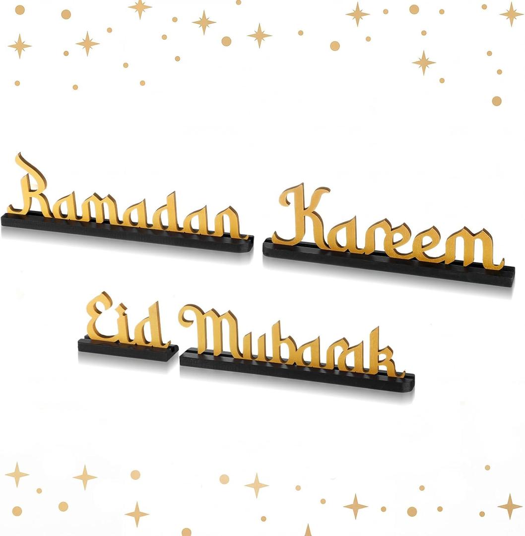 Amyhill 4 Pcs Eid Mubarak Ramadan Kareem Table Decor Ramadan Mubarak Letter Wooden Tabletop Centerpiece Islamic Decoration Sign for Home Office Party Decorations