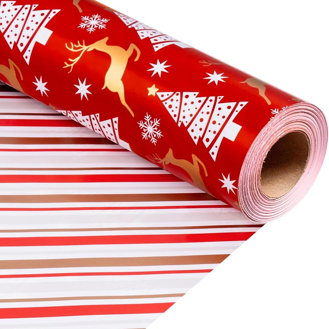 Homeral Christmas Wrapping Paper Roll - 46.8 Sq.Ft. (17In x 33Ft) Reversible Red with Gold Printed Reindeer, Tree, Snowflake, Stripe, Hexagram Star for Christmas, New Year Celebration, Party