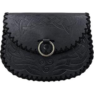 HiiFeuer Viking Embossed Belt Bag, Vintage Medieval Faux Leather Side Pack, Middle Ages Portable Belt Pouch For LARP Ren Faire (Black B)