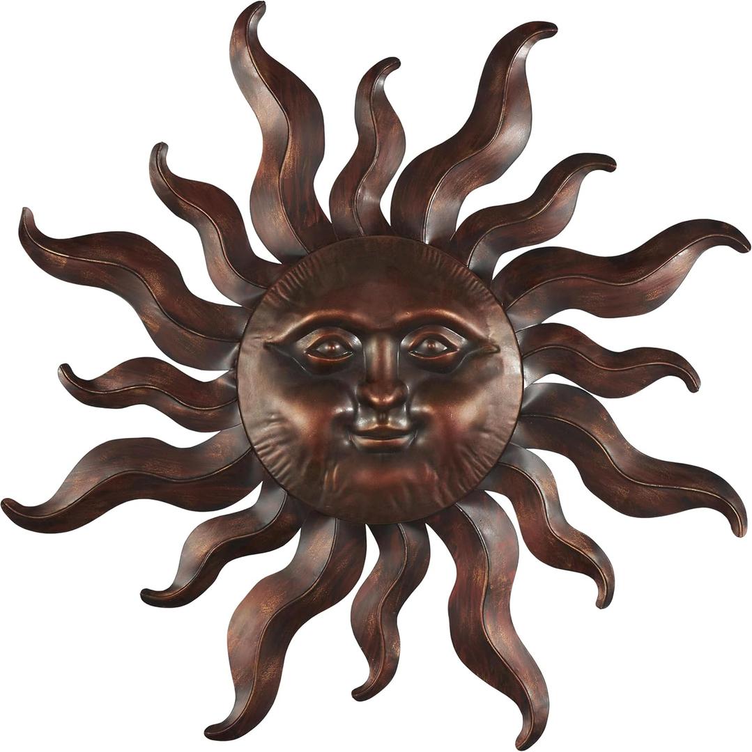 Deco 79 Metal Sun Home Wall Decor Wall Sculpture with Smiling Face and Curved Rays, Wall Art 32" x 1" x 35", Bronze (32L" x 1.3W")