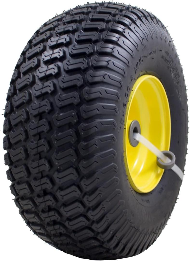 Marastar 15x6.00-6 Pneumatic, OEM Like Replacement Front Tire and Wheel Assembly, Compatible with John Deere Mowers, Turf Saver, 4PR Tube-Type Tire, Yellow Wheel, 3-Inch Offset Hub, 3/4-Inch Bushings