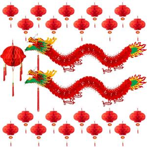 23Pcs Chinese New Year Decorations 2026 with 2 3D Dragon Decorations and 1 Red Ball and 20 Chinese New Year Plastic Lanterns for Chinese Spring Festival Party Decorations