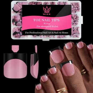 Toenail Press Ons French Tip, Berry Pink Black Elegant False Toe Nail Extension 15 Sizes 270 Pcs Sharp Square Acrylic Tips Pre-applied Nail Primer & Base Coat Full Cover for DIY Home 2025 Summer