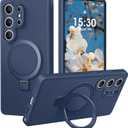 Liquid Silicone Case for Samsung Galaxy S25 Ultra with Magnetic Stand, Mil-Grade Drop Shockproof, Full Camera Protection Anti-Scratch Microfiber Lining Silicone Phone case, Dark Blue