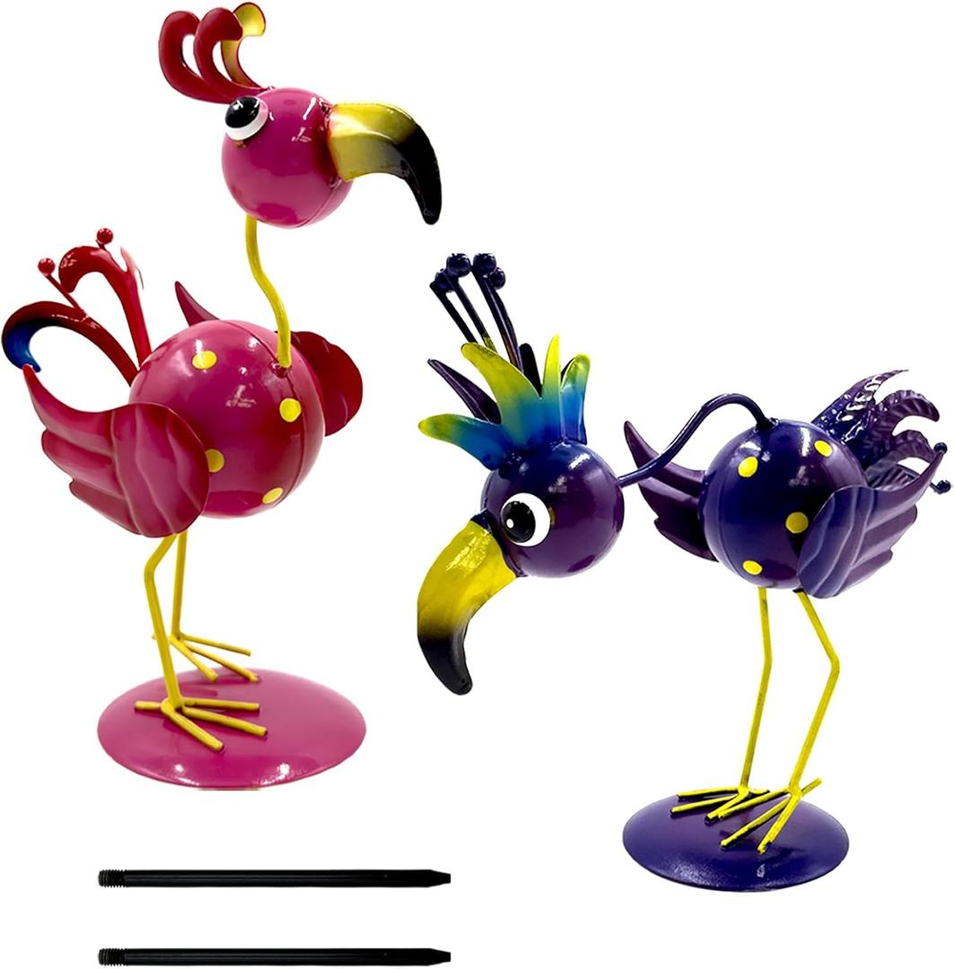 Whimsical Metal Bird Garden Statues Set of 2, Colorful Outdoor Yard Art with Stakes, Weather-Resistant Metal Bird Figurines for Garden Lawn Patio Decor, Cute Garden Gift (2pack-pink & Purple)