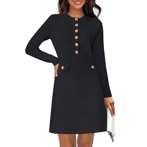 NENONA Women's 2025 Fall Sweater Dress Winter Long Sleeve Fashion Button Elegant Business Work Formal Wedding Guest Cocktail Dresses,Black,L