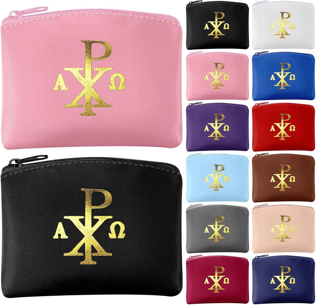 12 Pcs Rosary Pouch Catholic with Gold Cross PU Leather Rosary Case for Women and Men Coin Purses Holder Zipper Bag for Travel Christmas, 12 Colors(Chi Rho)