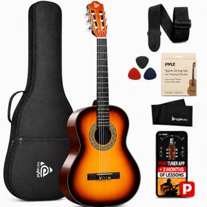 Pyle 36-Inch Beginner Classical Acoustic Guitar Kit, 3/4 Size Junior Nylon String Guitar for Kids and Adults, Includes Gig Bag, Strap, Spare Strings, Picks, Cleaning Cloth, 18 Frets, Sunburst