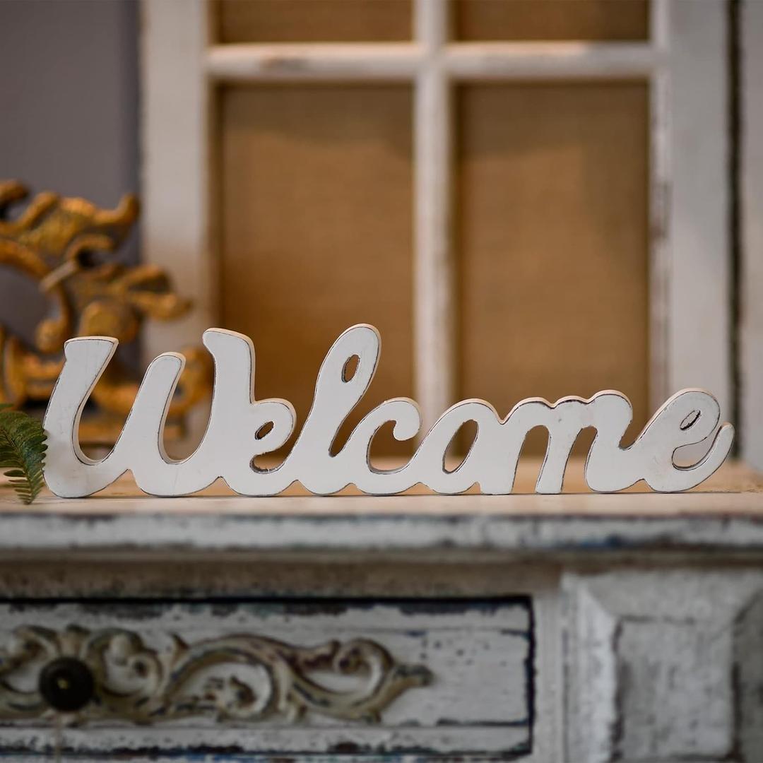 Rustic Wooden Outdoor Welcome Sign for Front Door 15", Wall Hanging White Letter Sign, Farmhouse Entryway Decor for Table, Christmas Signs for Home Decor Living Room Wedding Thanksgiving