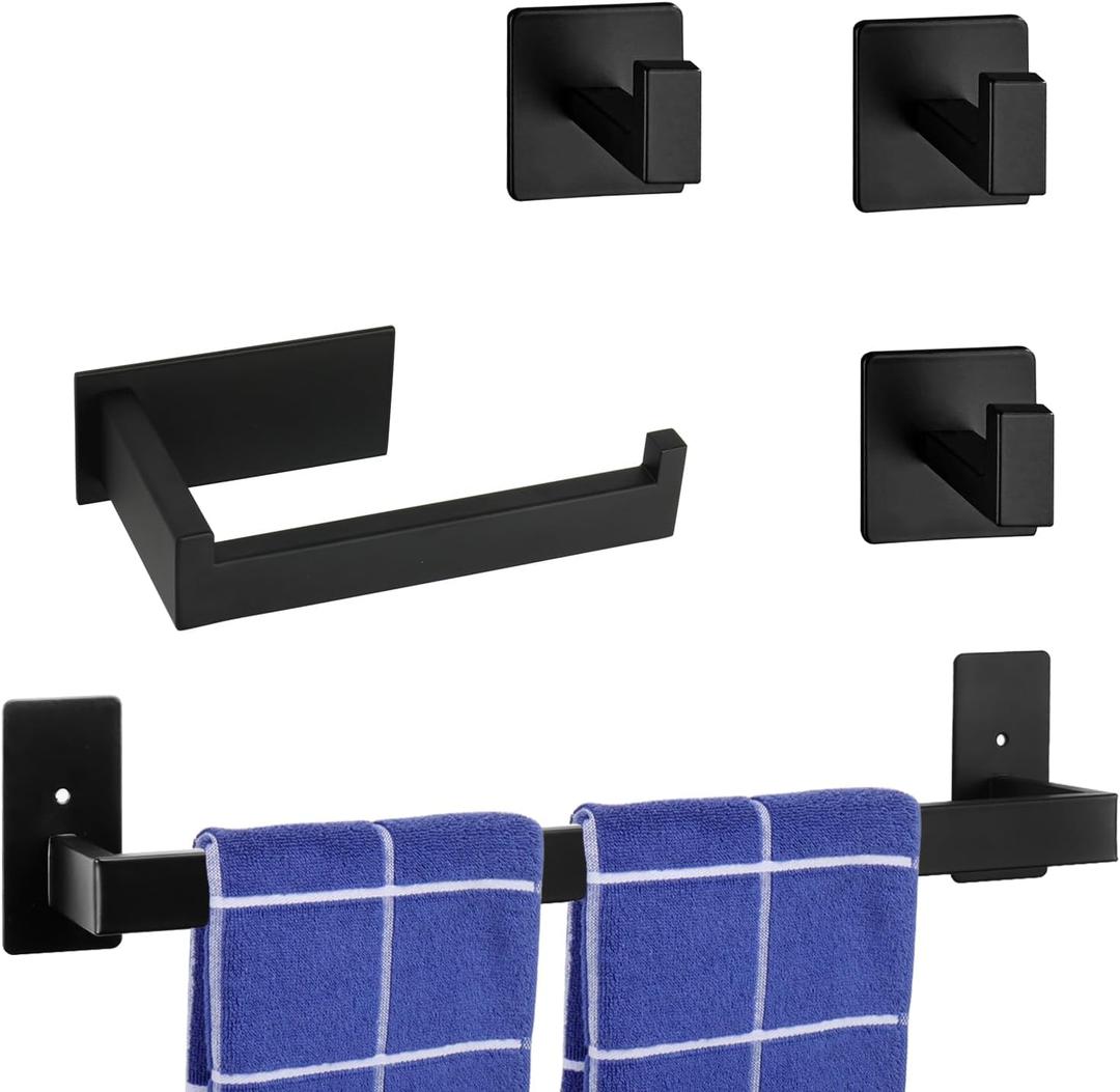 5 Pieces Self Adhesive Bathroom Hardware Set-SUS304 Stainless Steel-Towel Rack Set Include 24Towel Bar+Toilet Paper Holder+3 Towel/Robe Hooks Bathroom Accessory Towel Bar Set (Black, 24 in)
