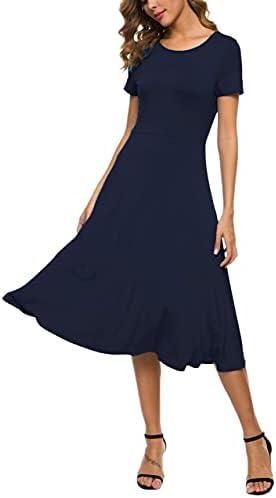 EXCHIC Women's Casual Round Neck Short Sleeve Midi Dress Solid Stretchy Waist Knee Long Dress L