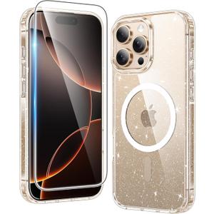 FNTCASE for iPhone 16 Pro-Max Case: Clear Magnetic Phone Cases Compatible with Magsafe Slim Anti Yellowing Military Grade Drop Protection Rugged Protective Transparent Cell Cover (B-Glitter Magnetic)