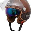 Leather Motorcycle Helmet Dual Visor 3/4 Open Face Motorcycle Helmet for Men & Women, DOT Approved Unisex Retro Half Helmet，Motorbike Casco for Moped Cruiser (Brown, L)