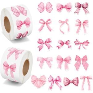 BeYumi Pink Bows Sticker Roll - 1000Pcs Coquette Pink Bows Stickers in 2 Rolls Waterproof Vinyl Girly Aesthetic Decal for Gift Laptop Bottle Scrapbooking Luggage Computer Envelope Decor for Kids