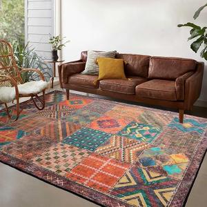 Large Area Rugs for Living Room 6 x 9 ft Washable Rug Vintage Oriental Red Green Orange Yellow Navy Brown Colorful Patchwork Print Non Slip Carpets Bedroom Dining Room Farmhouse 180 x 280 cm