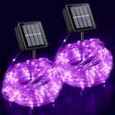 YEGUO Solar Christmas Lights Outdoor Waterproof, 2 Packs Each 33ft 100 LED Rope Lights, 8 Modes Fairy String Lights in Clear Thin Tube for Camping Fence Patio Garden Trampoline Deck (Purple)