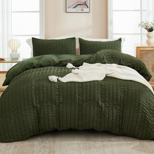 AveLom Dark Olive Green Seersucker Duvet Cover Set Queen (90 x 90 inches), 3 Pieces (1 Duvet Cover + 2 Pillowcases), Ultra Soft Washed Microfiber, Textured Duvet Cover with Zipper Closure, Corner Ties