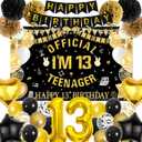 13th Birthday Decorations for Boys - Black and Gold Happy Birthday Banner Teenager Backdrop Number 13 Balloon, Latex Balloons Paper Pompoms for 13 Year Old Teen Party Supplies