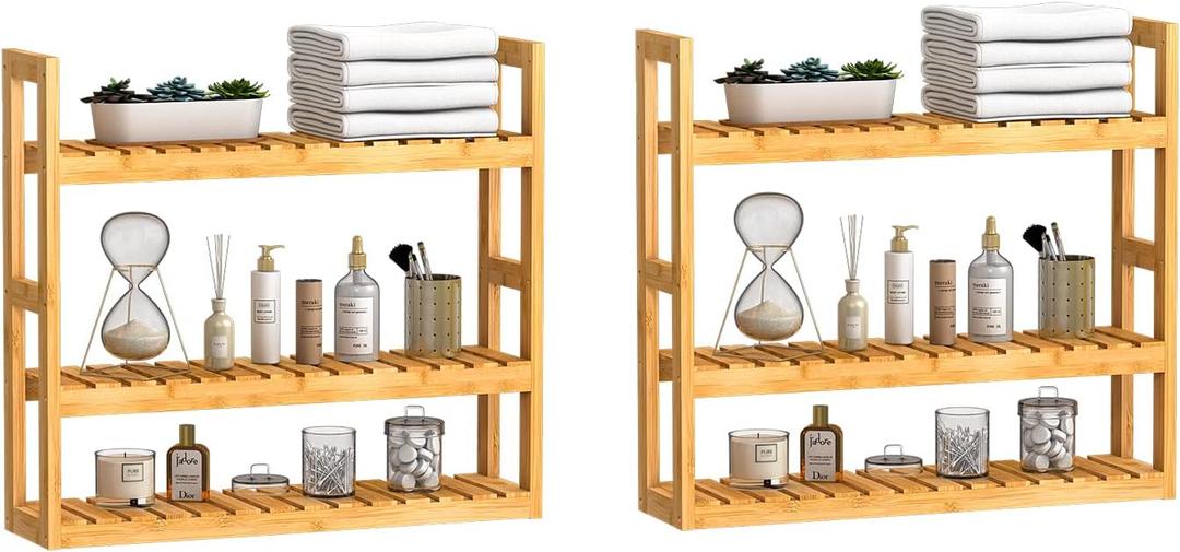 Domax Bathroom Wall Shelf - Over Toilet 3 Tier Storage Rack Adjustable Layer Multifunctional Utility Wall Mounted Towel Shelves Living Room Kitchen (Bamboo-Pack of 2)