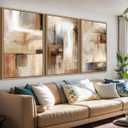 Large Framed Canvas Wall Art - Natural Float Framed Brown Abstract Picturtes for Living Room Decor Brown Abstract Painting Artwork Prints for Bedroom Kitchen Home Office Decor 48" X 24" Set of 3