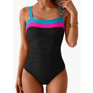 Women's Ribbed One Piece Swimsuits Color Block Tummy Control Bathing Suit Slimming 1 Piece Swimwear, Size: Small