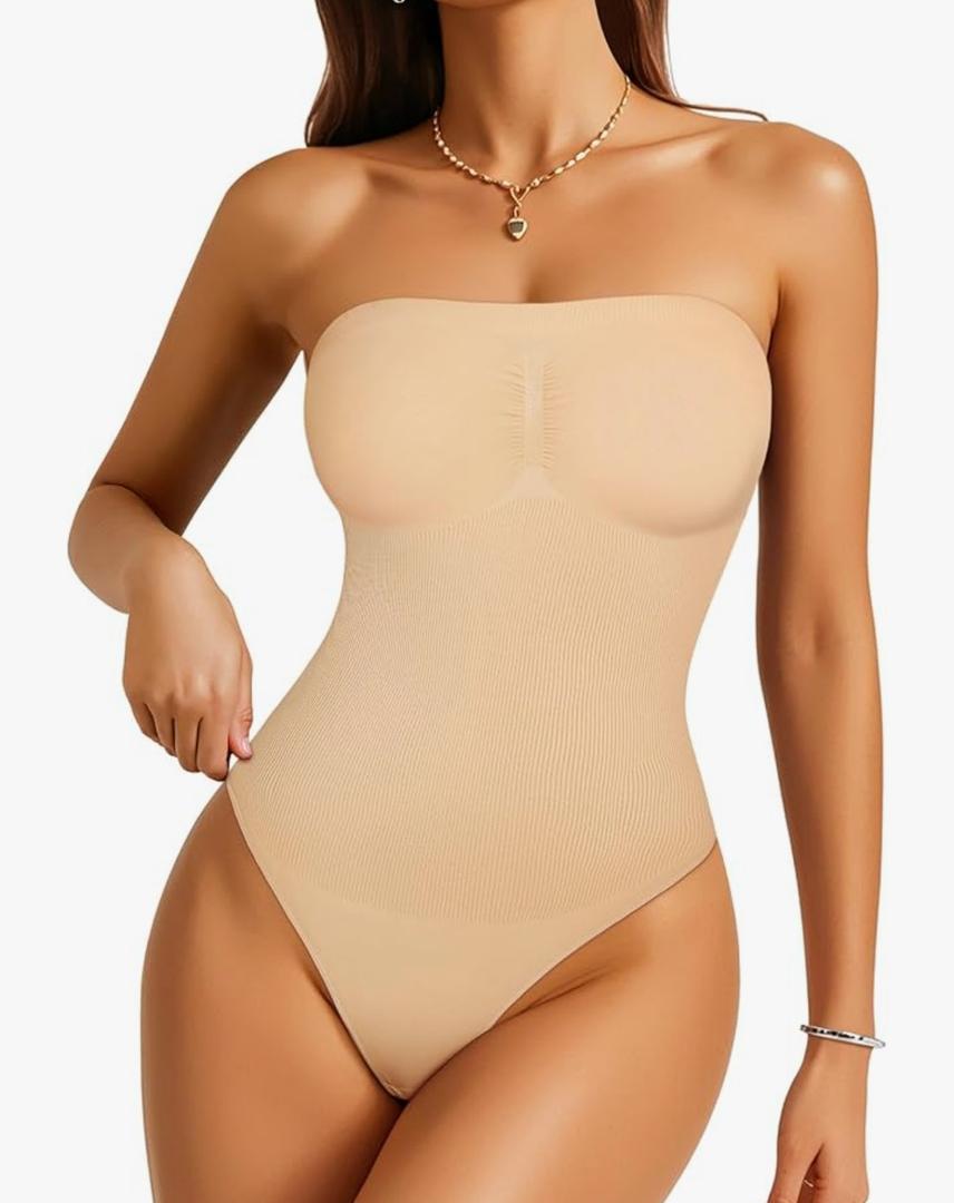 Strapless Shapewear Bodysuit for Women - Thong Bodysuit Tummy Control Tube Top Body Suits with Removable Strap (Beige, Large)