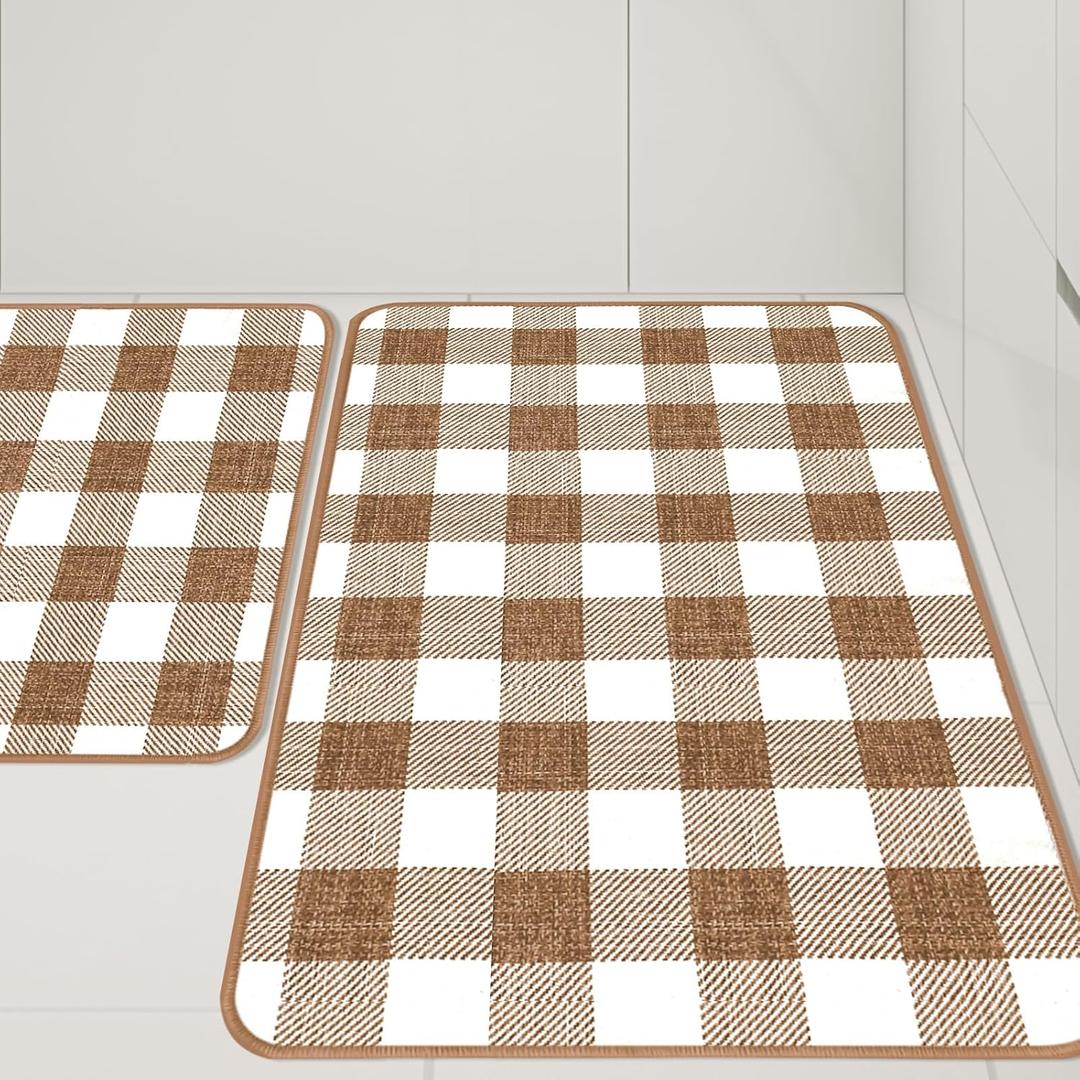 Matace 2 Pieces Buffalo Plaid Check Rug Set, 20x32 & 20x56 inch, Non-Slip, Machine Washable, Non-Printed Woven Surface, Quick Absorb & Dry, for Chic Kitchen/Bathroom/Laundry/Entryway - Brown & White