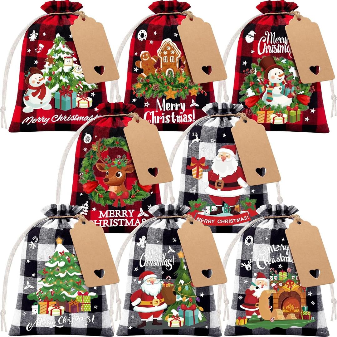FLOE 24Pcs Burlap Christmas Drawstring Bags, 5x7in Buffalo Plaid Xmas Gift Bags w/Tag Xmas Candy Bag Small Christmas Linen Treat Goody Sacks Reusable Gift Wrapping Bag Holiday Party Favors Sack (1 Count (Pack of 24), Red Black & White Black)
