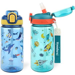 wooshwa Kids Water Bottle for School or Travel, 20 Oz 2 Pack Durable Plastic Water Bottle with Silicone Straw and Pop-Up Spout Cover, BPA Free & Dishwasher Safe(Rocket & Ocean Animals)