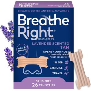 Breathe Right Nasal Strips Lavender Scent Extra Strength Tan Nasal Strips Help Stop Snoring Drug-Free Snoring Solution & Nasal Congestion Relief Caused By Colds & Allergies, 26 Count