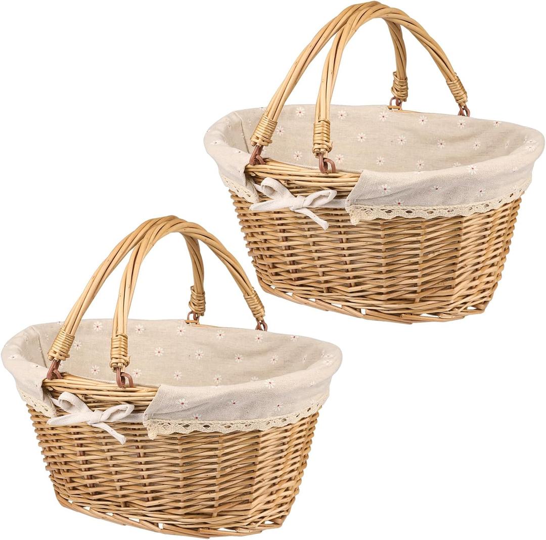 2 Pack Medium Size Oval Willow Basket with Handle, 12.6x9x4.7 Inch Wicker Picnic Basket with Liner, Empty Gift Basket, Wicker Basket for Fruit, Candy, Wine, Gathering, Wedding, Picnic, by GNIEMCKIN (2 PCS medium Circular vine)