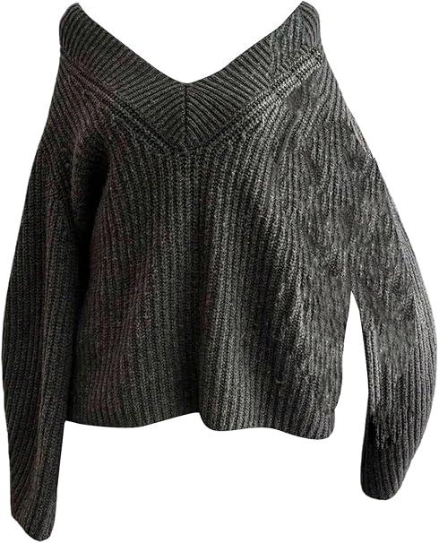 Verdusa Women's Oversized Sweaters V Neck Long Sleeve Casual Knitted Pullover Tops Dark Grey Medium
