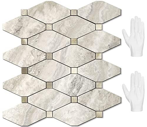 STICKGOO 10 Sheets Peel and Stick Backsplash, Beige Marble Look Stick on Mosaic Tiles, Matte PVC Mixed Metal Gold Self Adhesive Tiles for Kitchen, Fireplace, RV